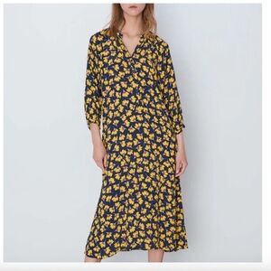 Zara Floral Button Front Midi Dress Navy/Yellow Size Medium